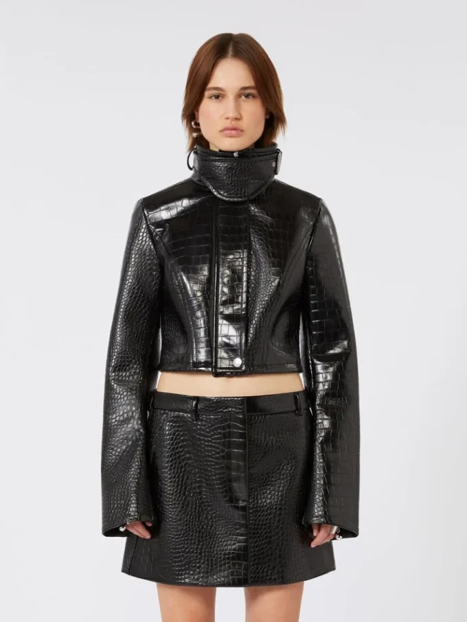 Patent leather cropped jacket with alligator print, black
