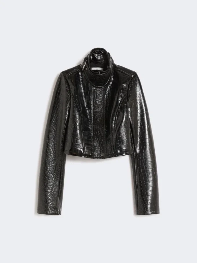 Patent leather cropped jacket with alligator print, black
