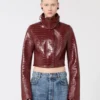 Patent leather cropped jacket with alligator print, dark red