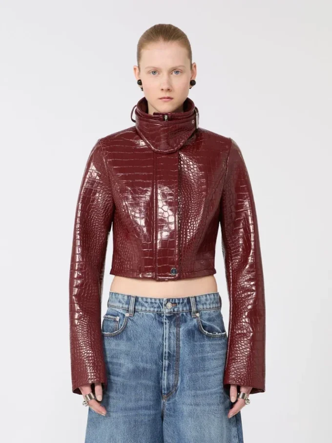 Patent leather cropped jacket with alligator print, dark red