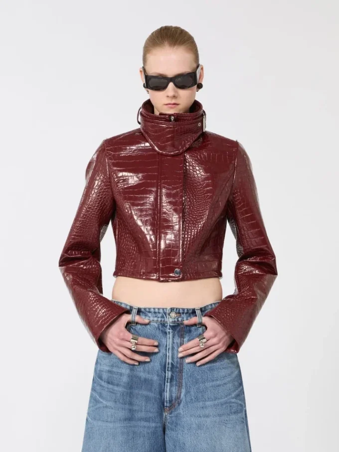 Patent leather cropped jacket with alligator print, dark red