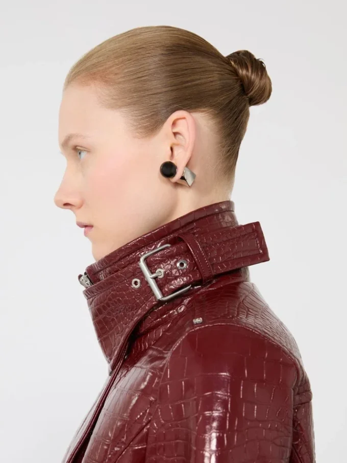 Patent leather cropped jacket with alligator print, dark red