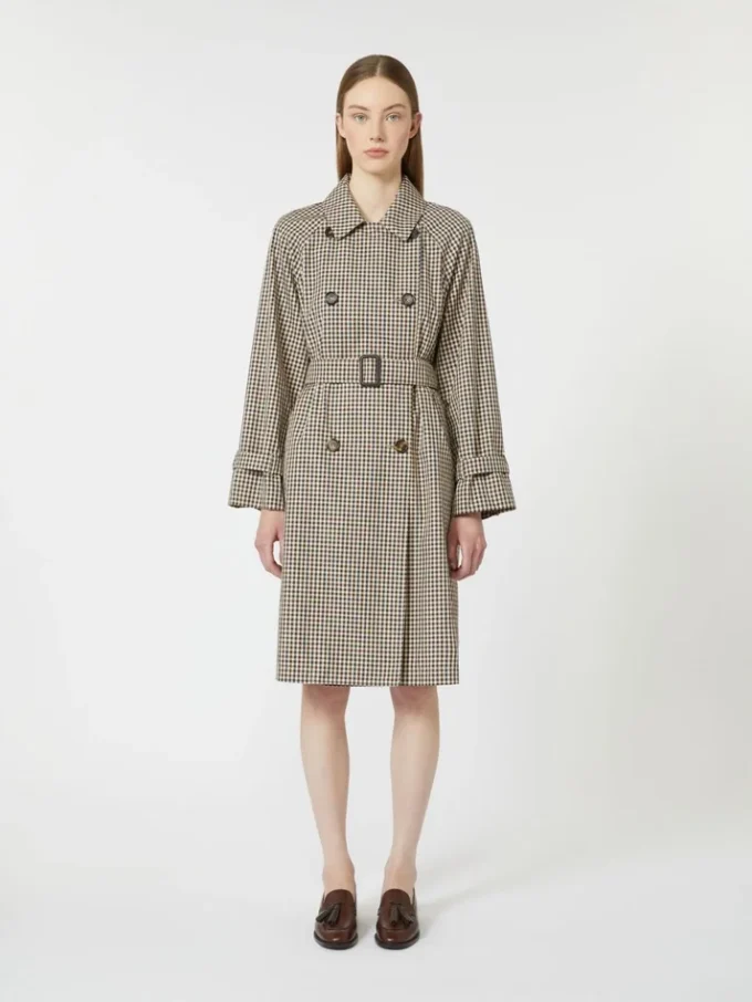 Patterned water-repellent twill trench coat, coffee