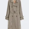 Patterned water-repellent twill trench coat, coffee