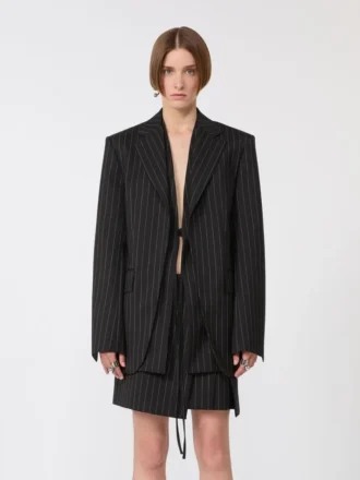 Pinstripe gabardine tailored blazer, black