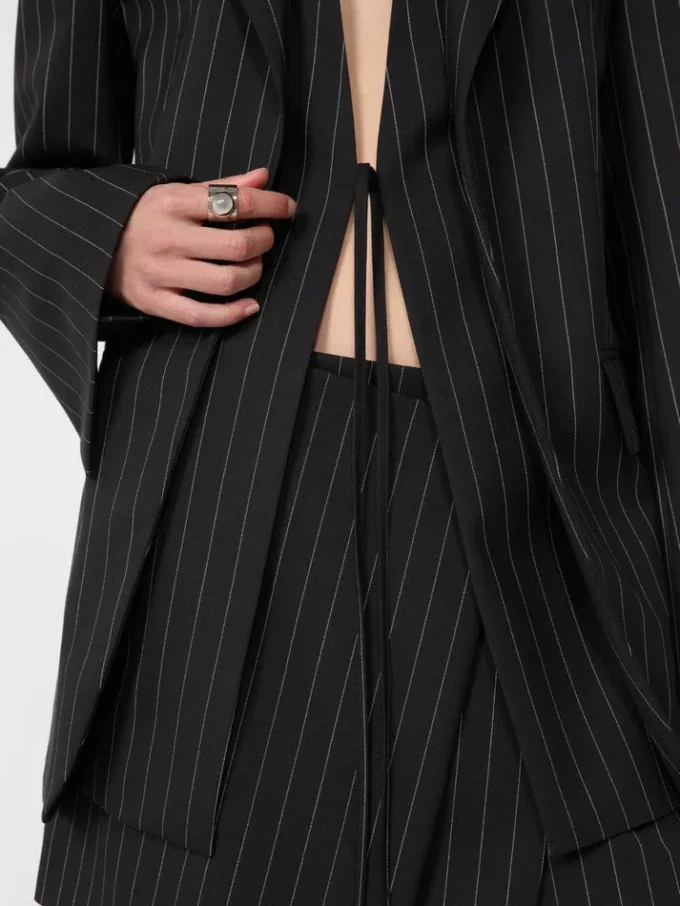Pinstripe gabardine tailored blazer, black