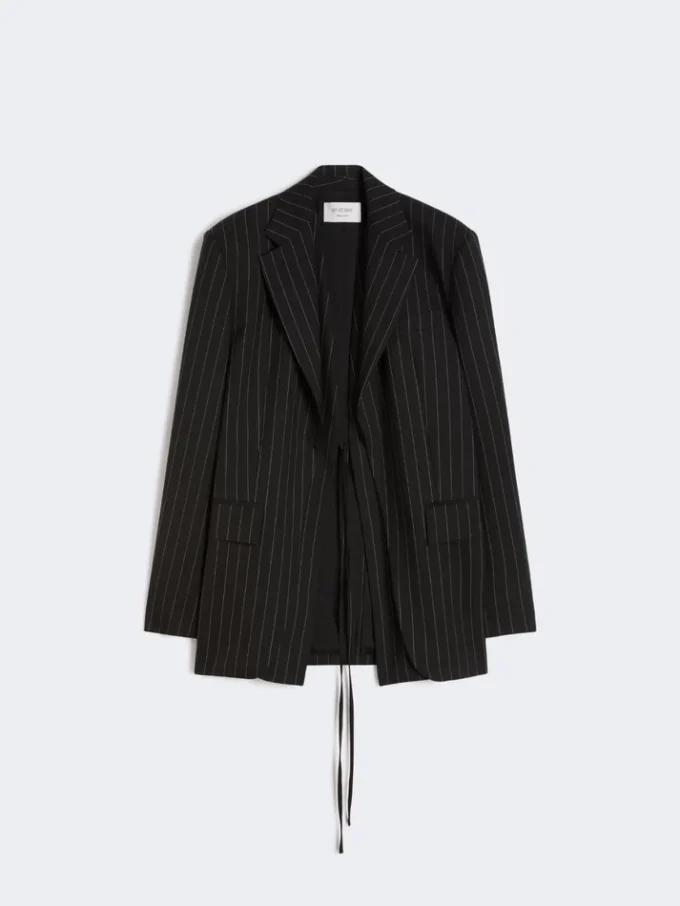 Pinstripe gabardine tailored blazer, black