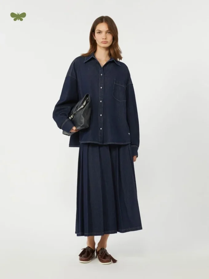 Pleated denim skirt, navy