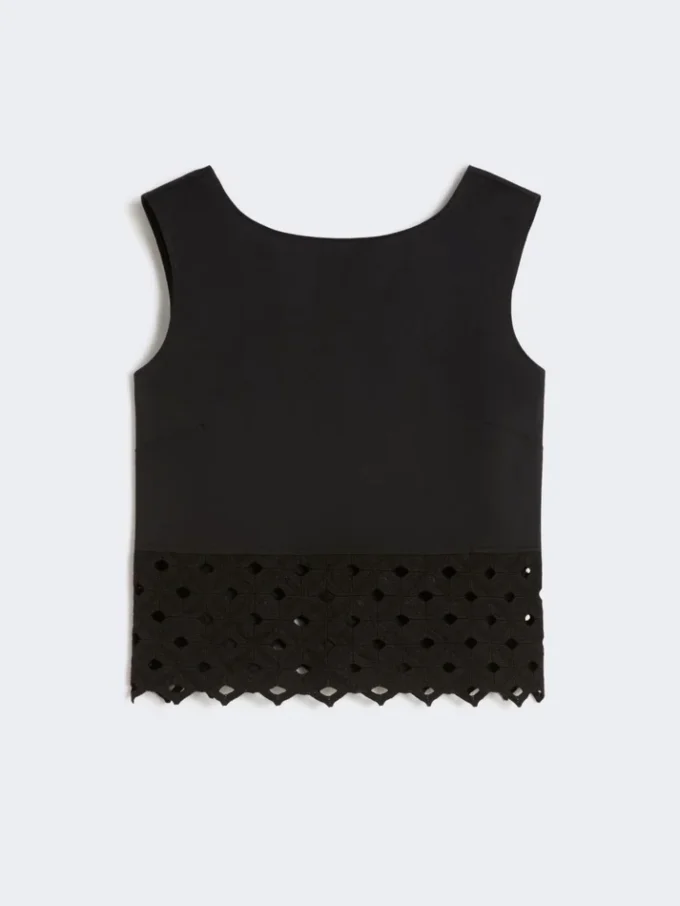 Poplin and macrama lace top, black