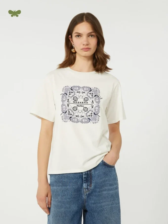 Print and embroidery-adorned cotton t-shirt, white