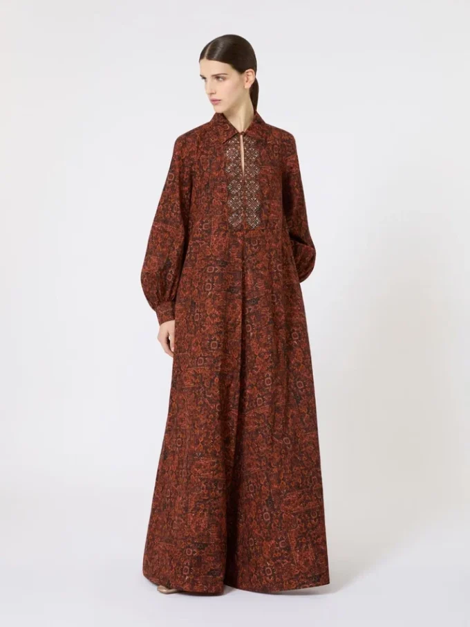 Printed cotton kaftan dress, caramel