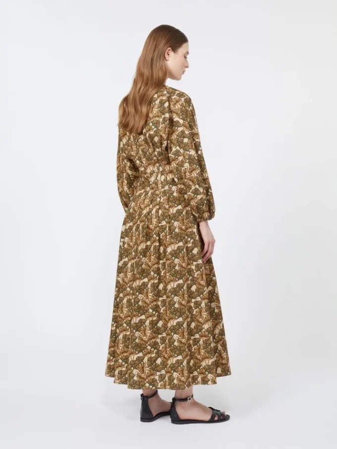 Printed cotton poplin dress, natural