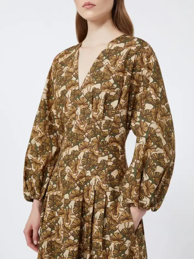 Printed cotton poplin dress, natural