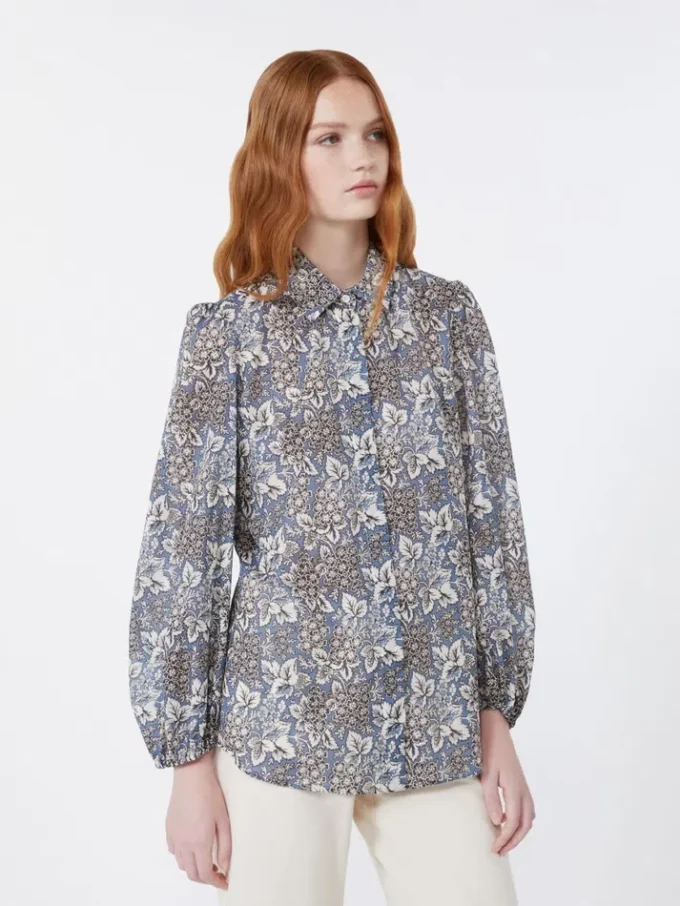 Printed cotton voile shirt, navy