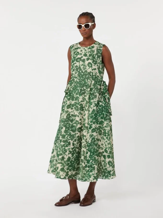 Printed ramie canvas dress, green Printed ramie canvas dress, green
