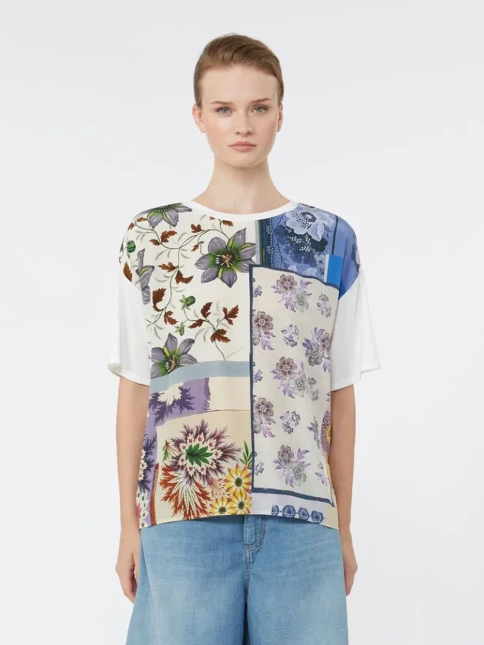 Printed silk and stretch cotton jersey t-shirt, multicolour