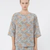 Printed silk crepe de chine blouse, light blue