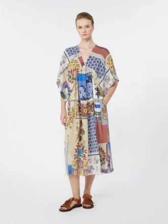 Printed silk crepe de chine midi dress, multicolour