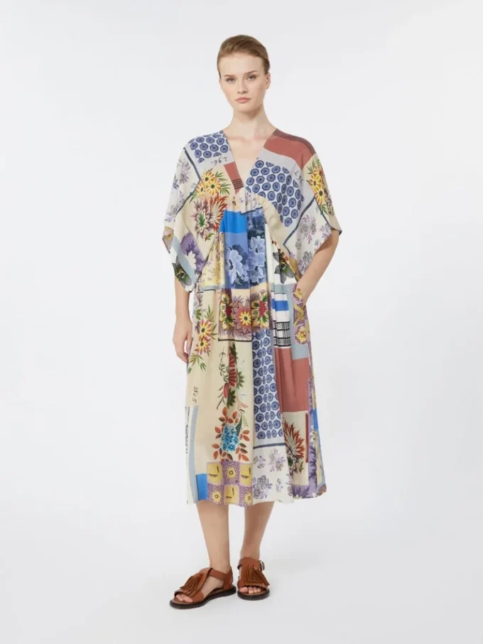 Printed silk crepe de chine midi dress, multicolour