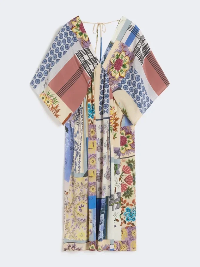Printed silk crepe de chine midi dress, multicolour