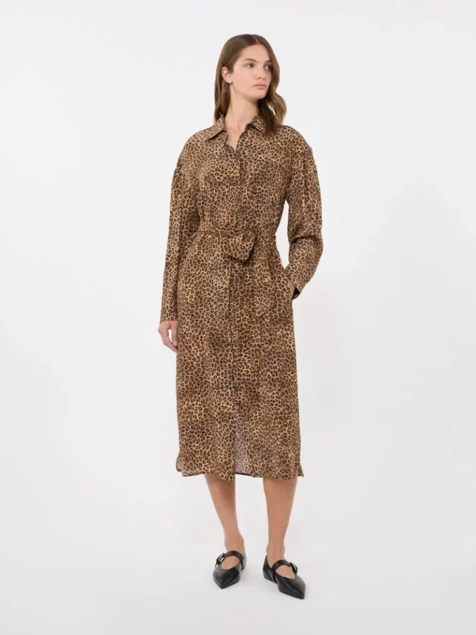 Printed silk crepe de chine shirt dress, camel