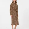 Printed silk crepe de chine shirt dress, camel
