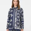 Printed silk patchwork shirt, navy