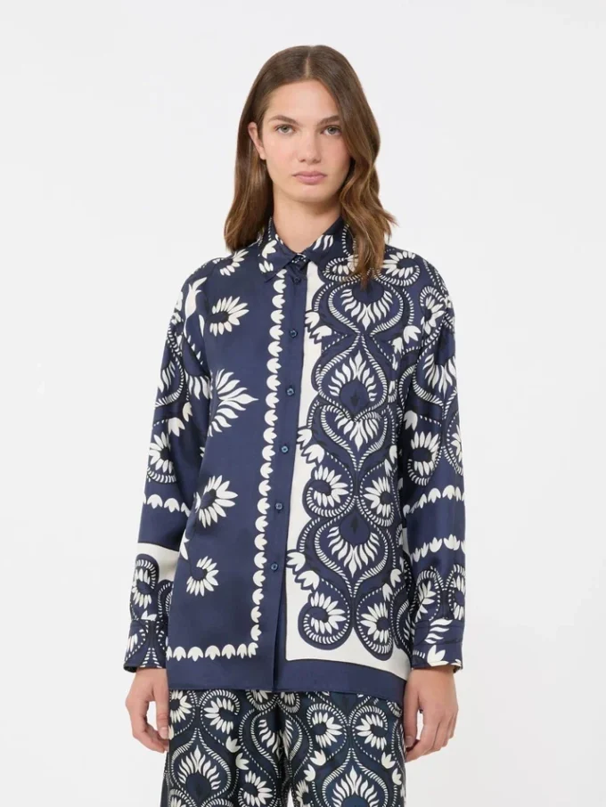Printed silk patchwork shirt, navy