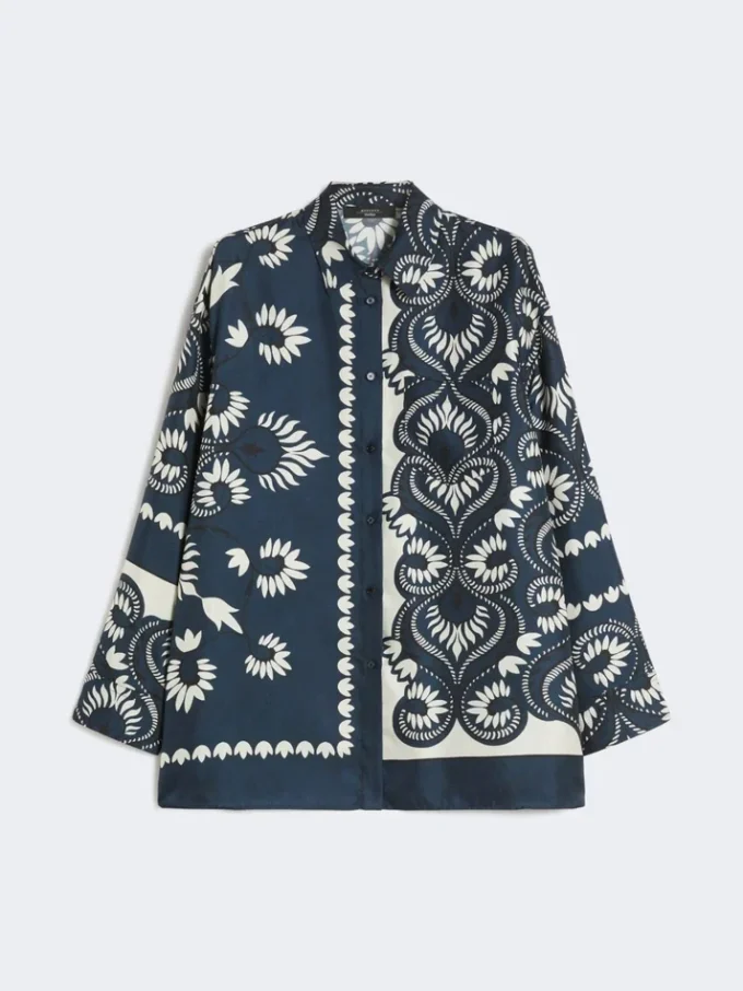 Printed silk patchwork shirt, navy