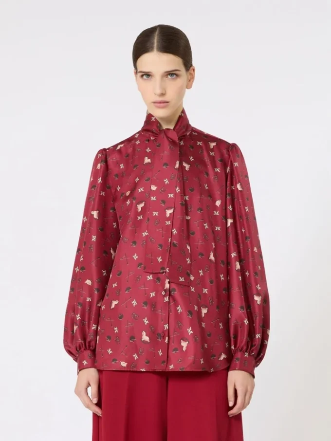 Printed silk pussy-bow shirt, red