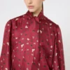 Printed silk pussy-bow shirt, red