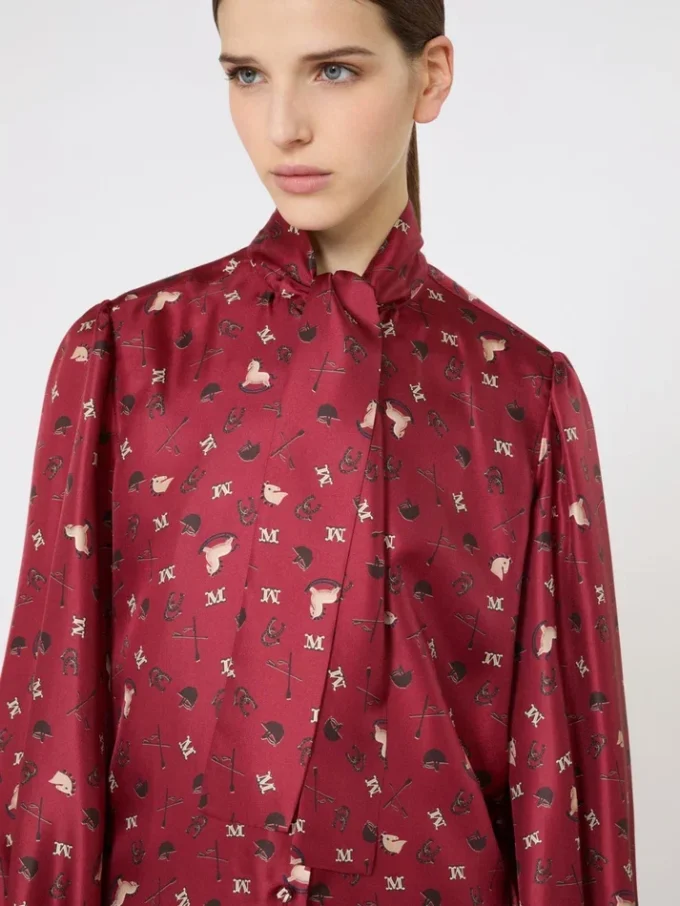 Printed silk pussy-bow shirt, red