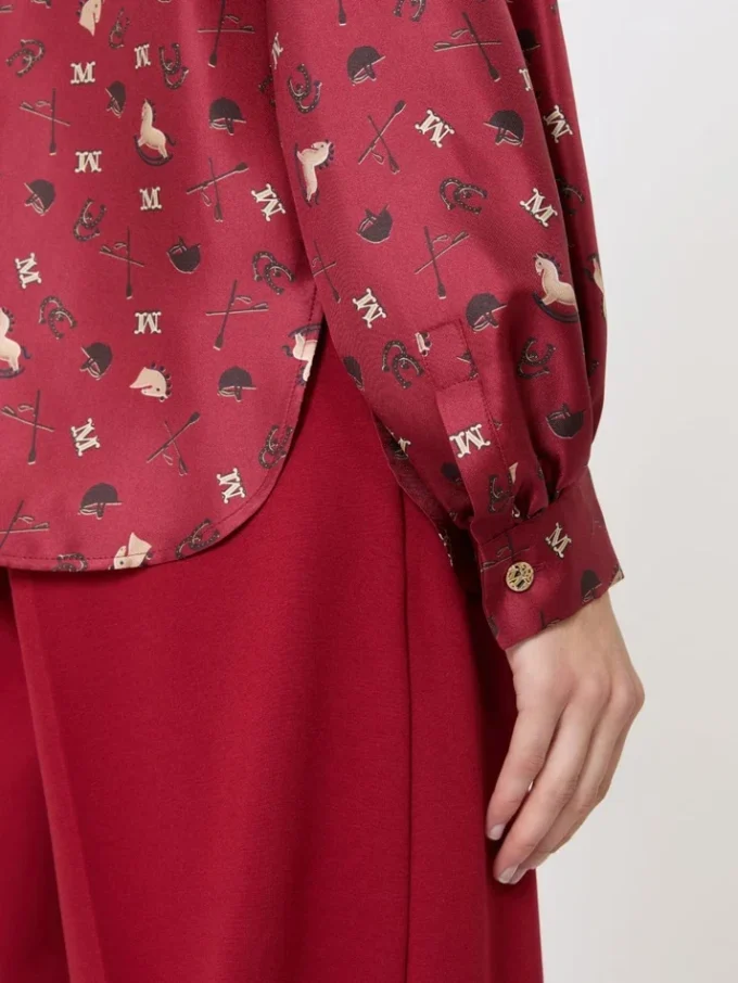 Printed silk pussy-bow shirt, red