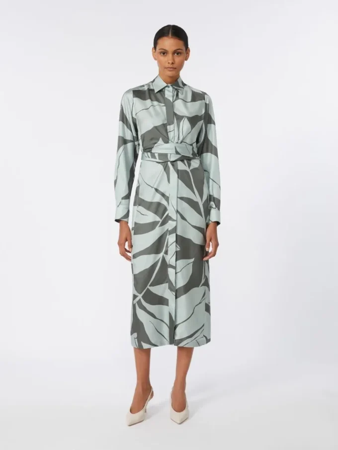 Printed silk shirt dress, green