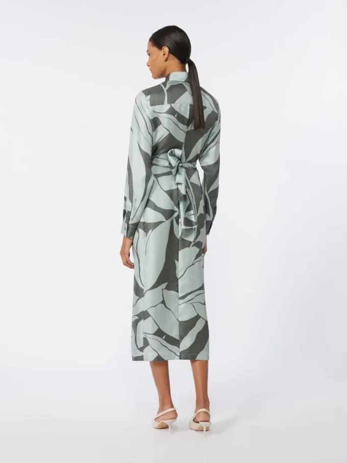 Printed silk shirt dress, green