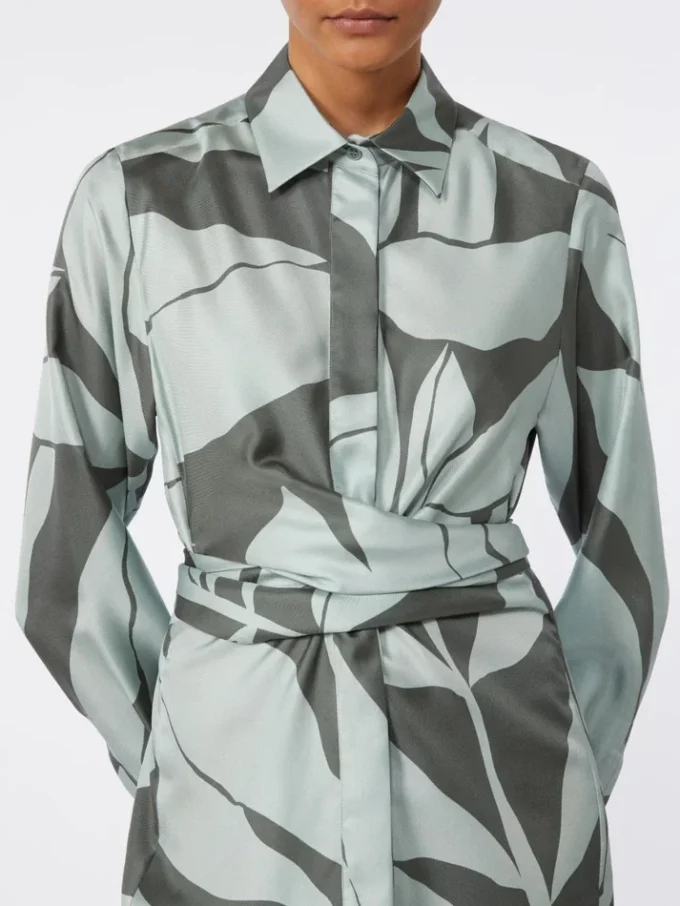 Printed silk shirt dress, green