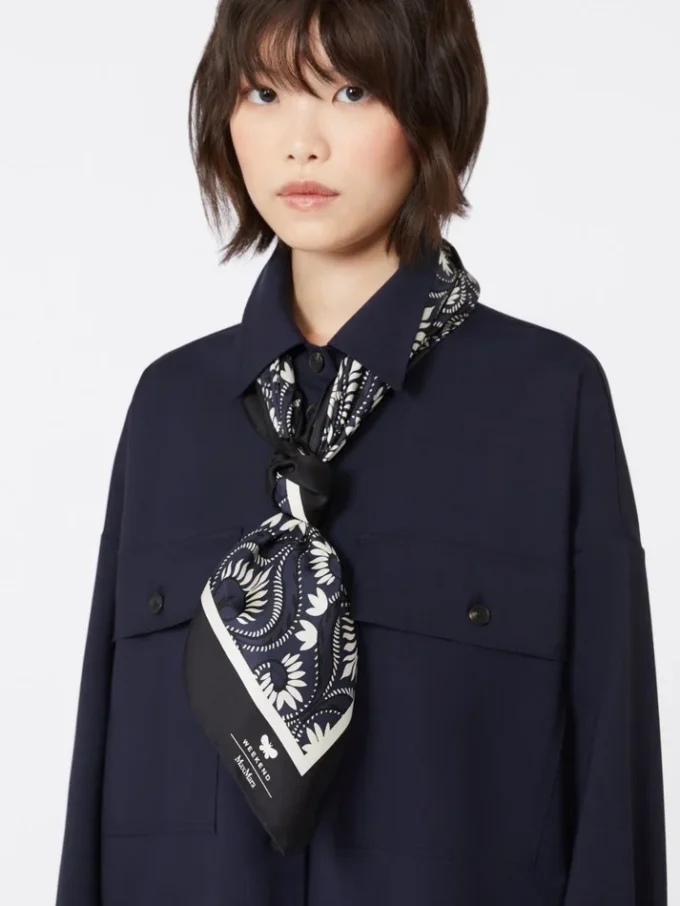 Printed silk square foulard, navy