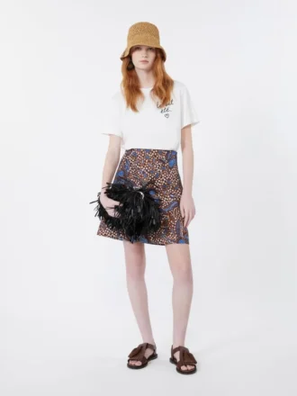 Printed stretch cotton short skirt, tobacco