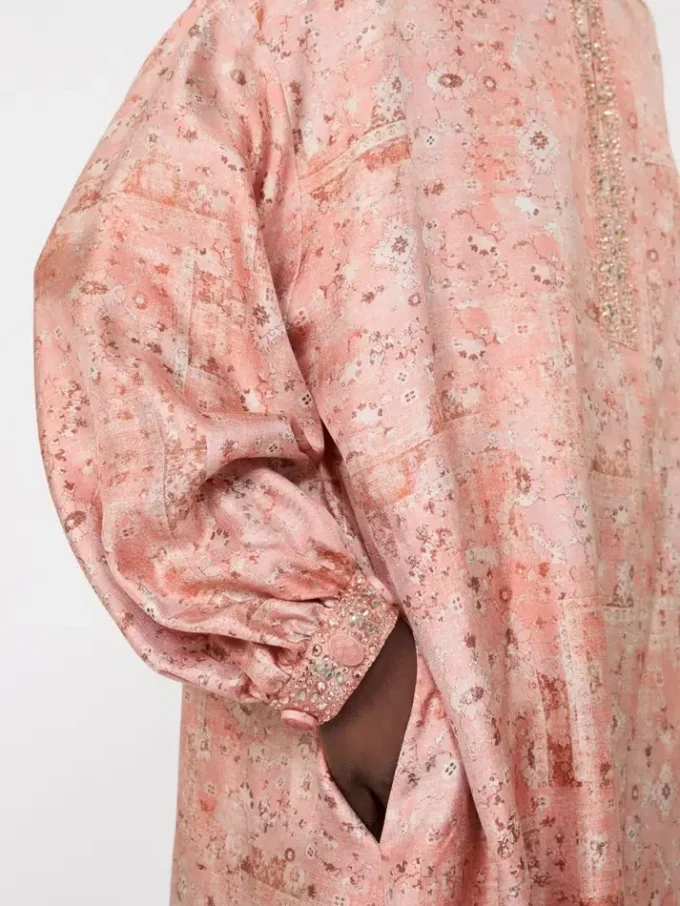 Printed twill kaftan dress, coral