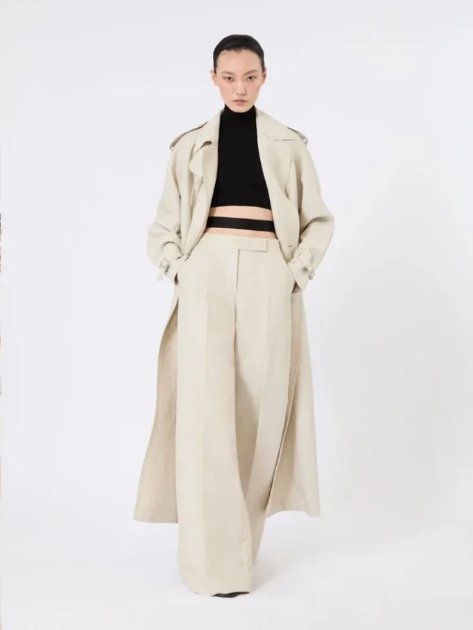 Pure linen drill double-breasted duster coat, sand