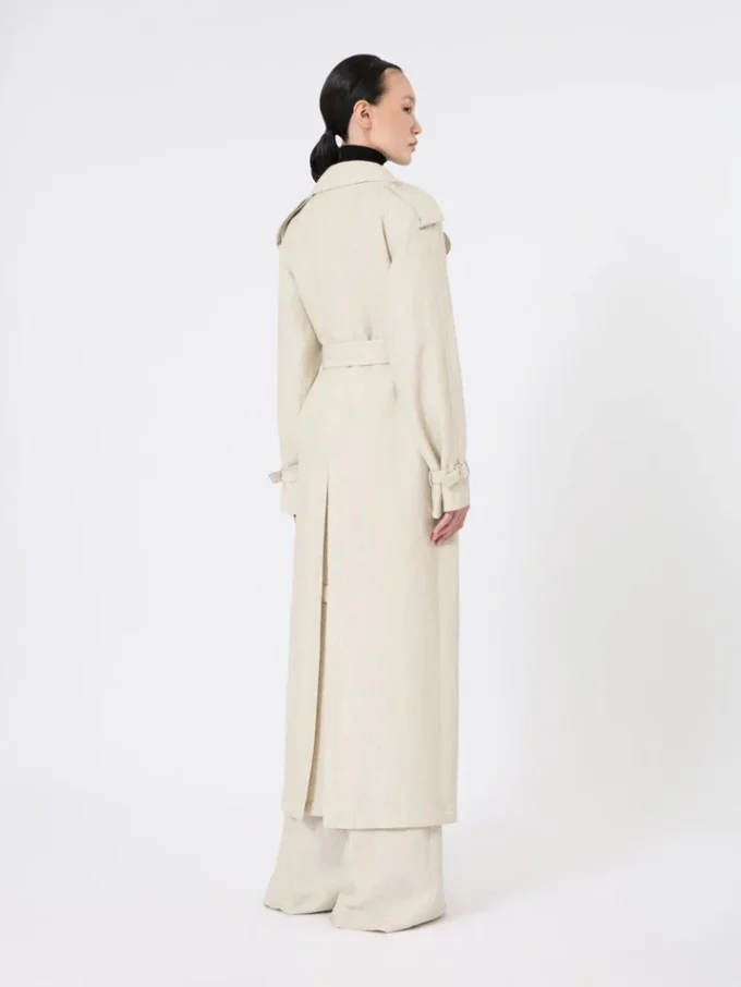 Pure linen drill double-breasted duster coat, sand