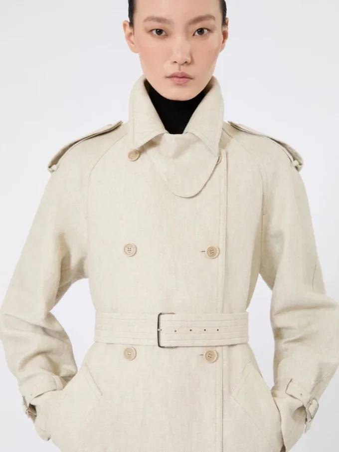 Pure linen drill double-breasted duster coat, sand