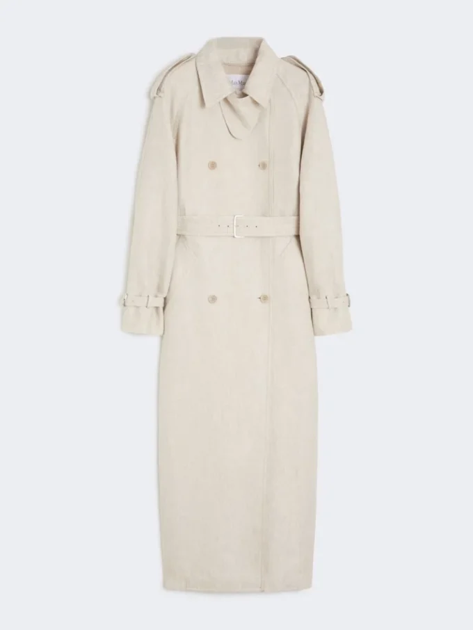 Pure linen drill double-breasted duster coat, sand