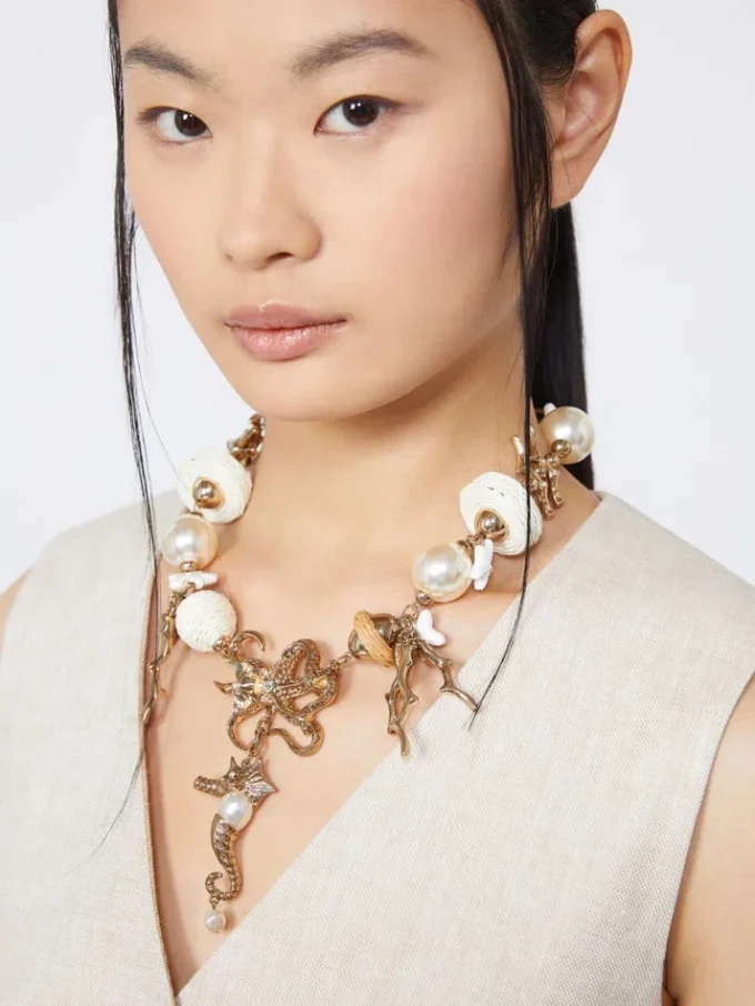 "abissi" metal and raffia choker necklace, gold