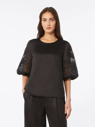 Ramie gauze and broderie anglaise t-shirt, black
