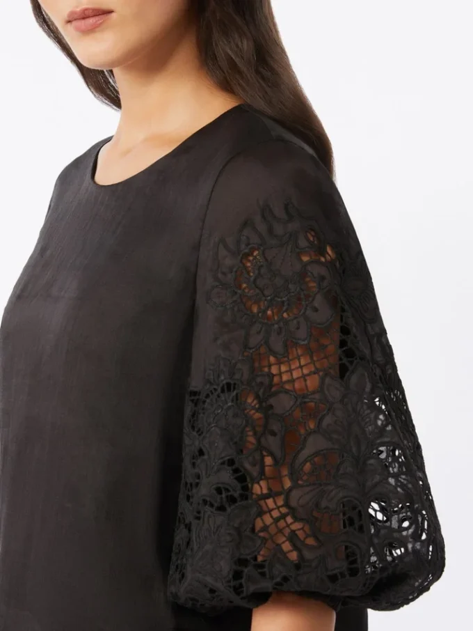 Ramie gauze and broderie anglaise t-shirt, black