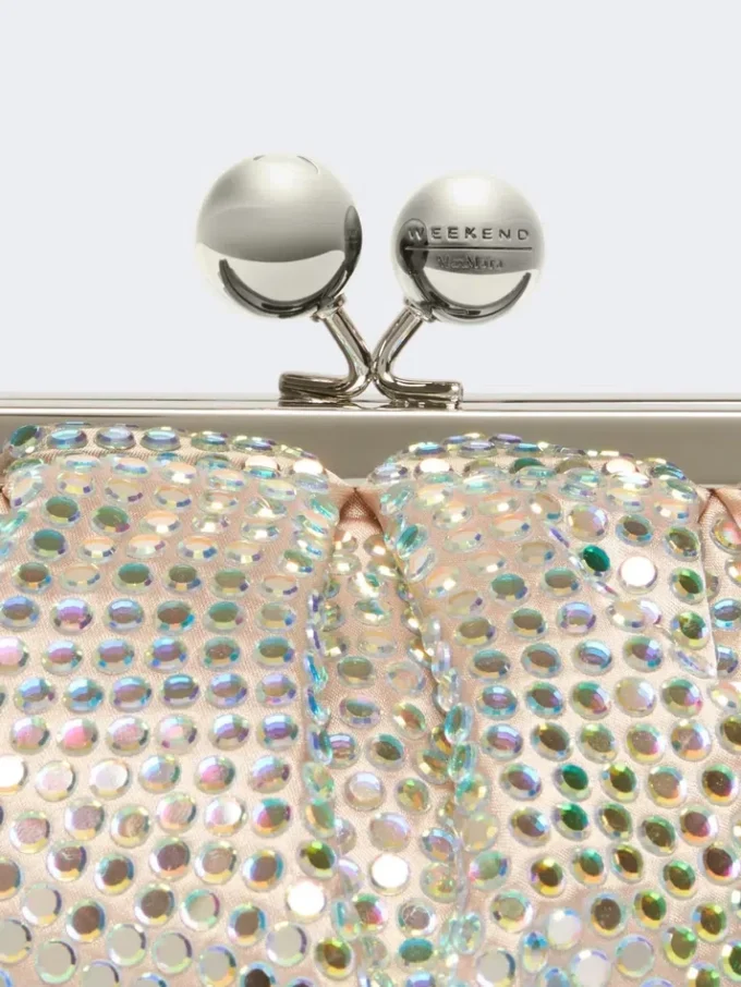 Rhinestone-adorned small satin pasticcino bag, antique rose