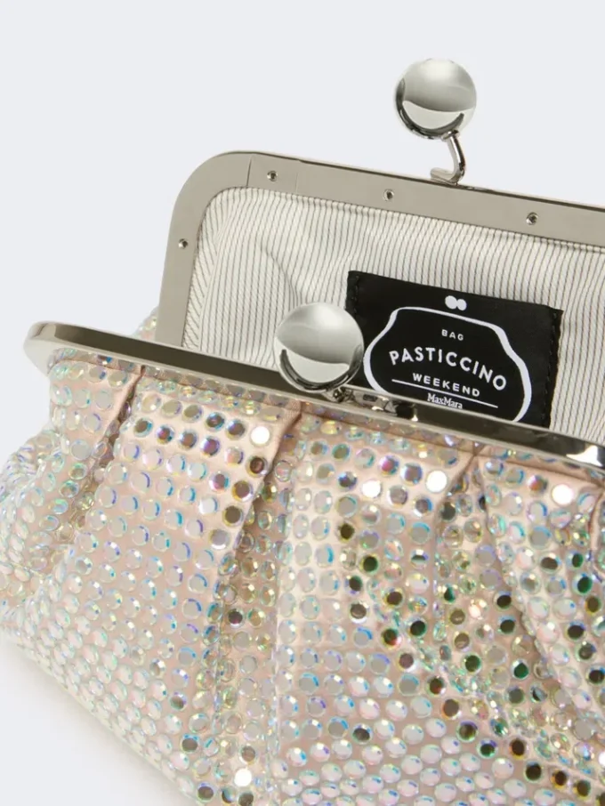 Rhinestone-adorned small satin pasticcino bag, antique rose