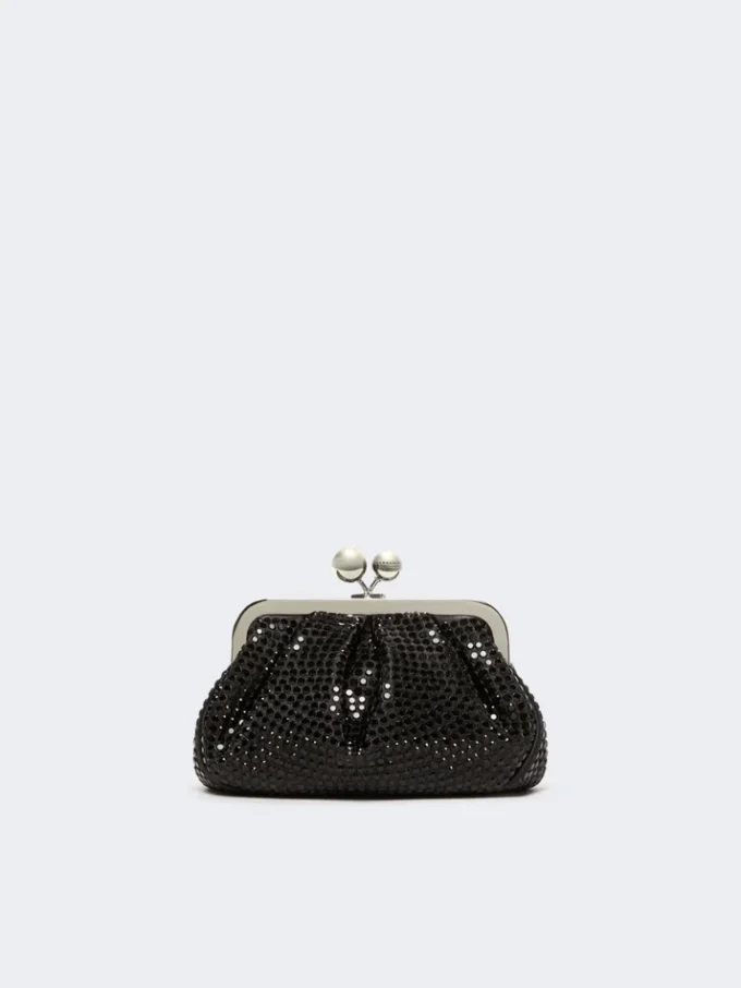 Rhinestone-adorned small satin pasticcino bag, dark grey