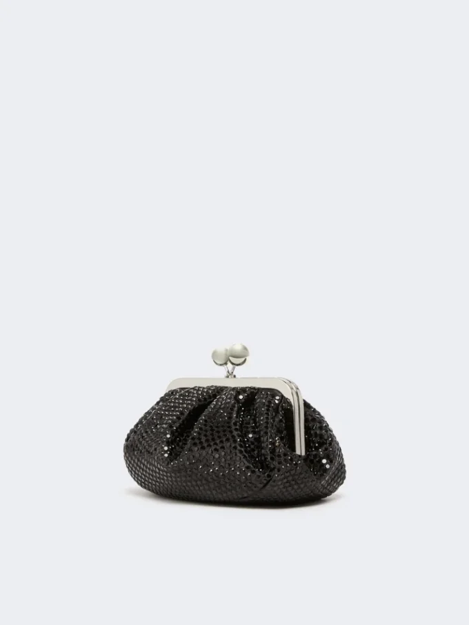 Rhinestone-adorned small satin pasticcino bag, dark grey